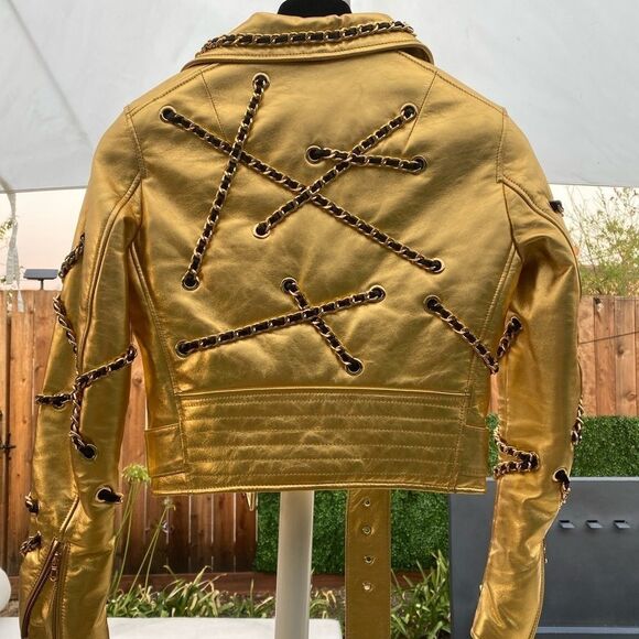 Gold Leather Moschino “H&Moschino” Chains Jeremy Scott Cropped Jacket NWT - Picture 7 of 17